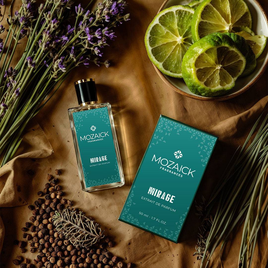MIRAGE Extrait de Parfum 50 ml by MOZAICK – bottle and box with lavender, lime slices and peppercorns